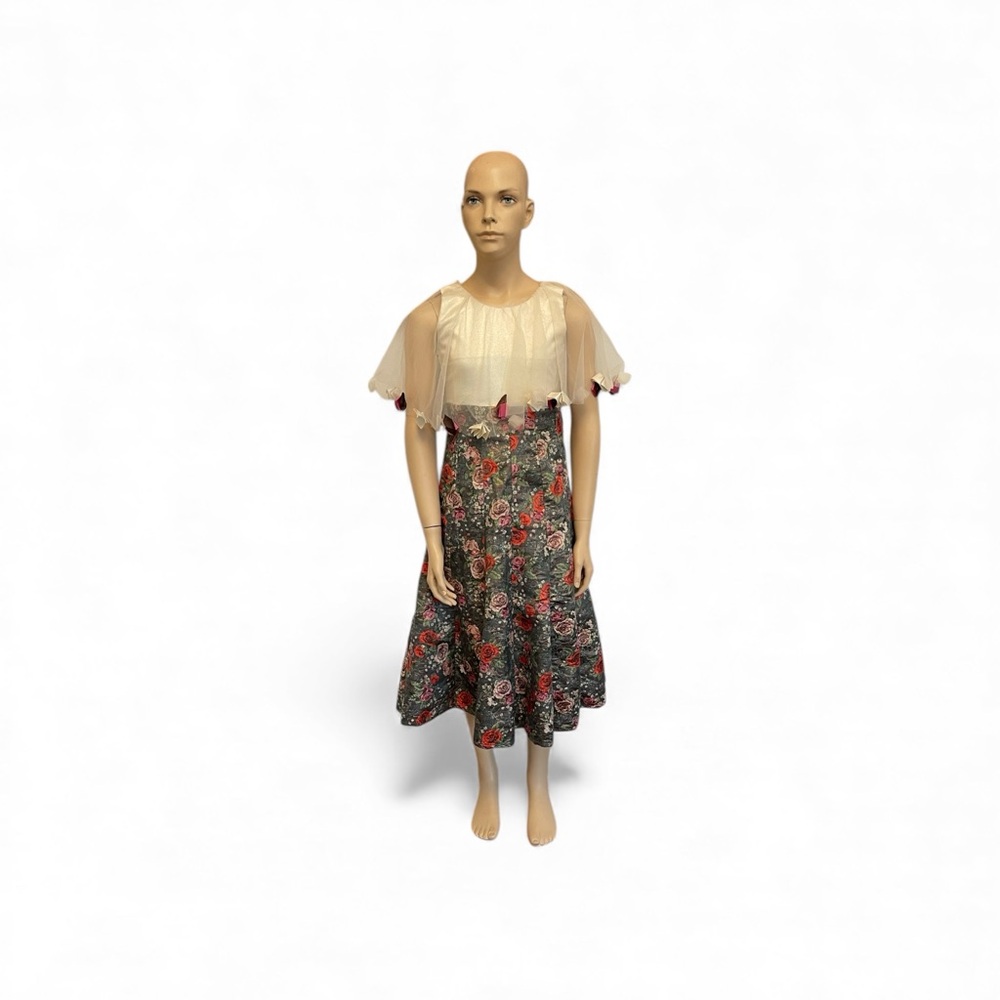 Peppermint Girls Gray Multi Floral Formal Maxi Dress Sheer Cape Overlay Size 6-7